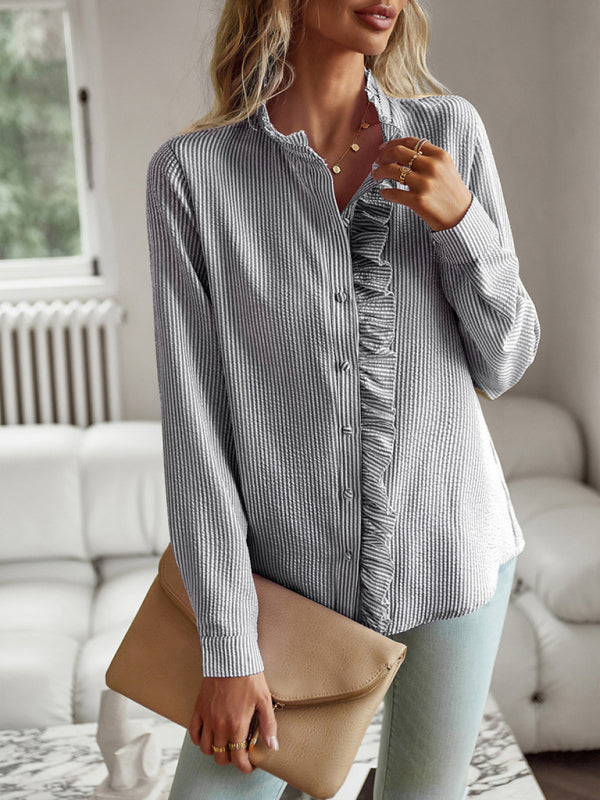 Elegant commuter open button ruffle top - Black / S