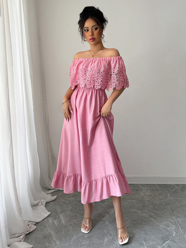 Elegant off-the-shoulder A-line maxi dress - Pink / S