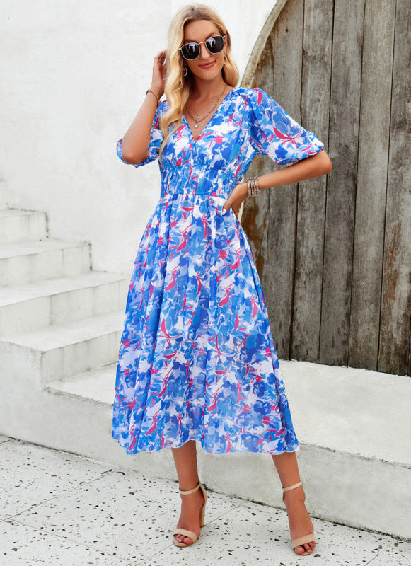 Elegant printed waist V-neck long dress - Blue / S