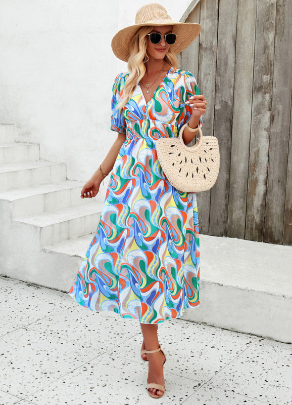 Elegant printed waist V-neck long dress - Green / S
