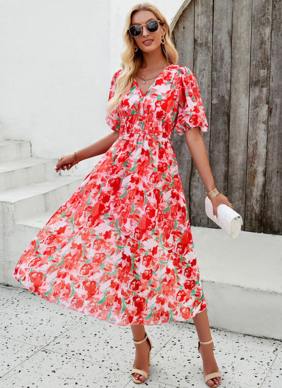 Elegant printed waist V-neck long dress - Red / S