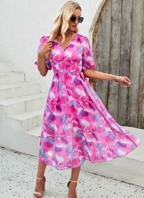 Elegant printed waist V-neck long dress - Rose / S