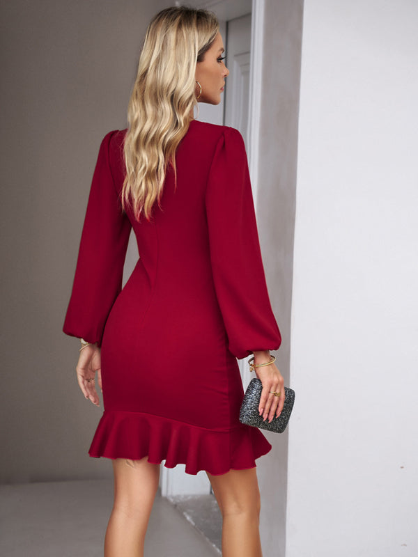 Elegant Puff Sleeve Ruffle Trim Solid Dress - Closther