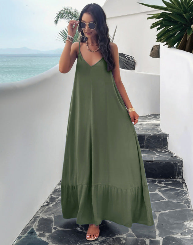 Olive green elegant solid color loose suspender maxi dress for women