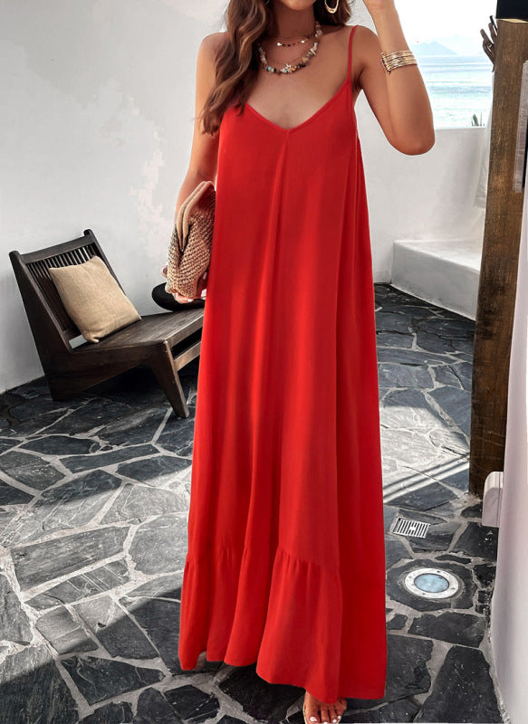 Elegant solid color red maxi dress with loose suspender straps for sophisticated style
