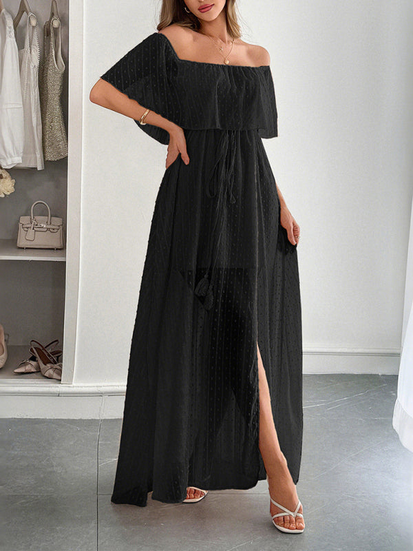 Elegant Strapless Waisted Short Sleeve Long Dress - Black / S