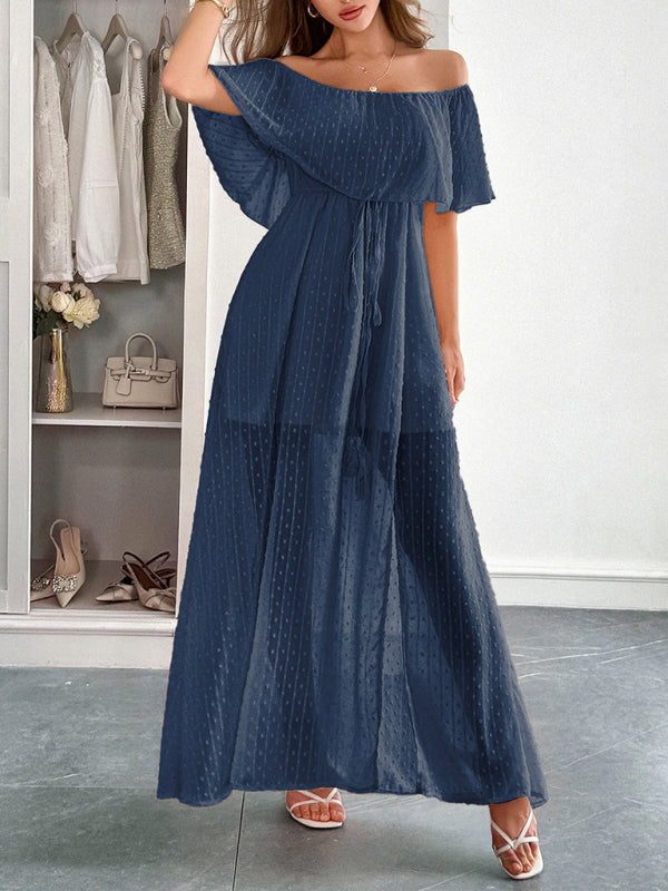 Elegant Strapless Waisted Short Sleeve Long Dress - Champlain color / S