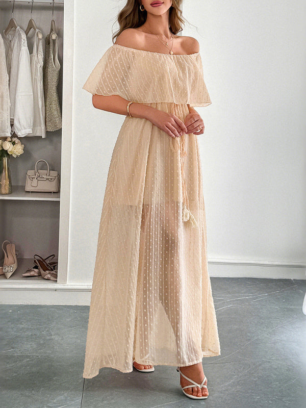 Elegant Strapless Waisted Short Sleeve Long Dress - Cracker khaki / S