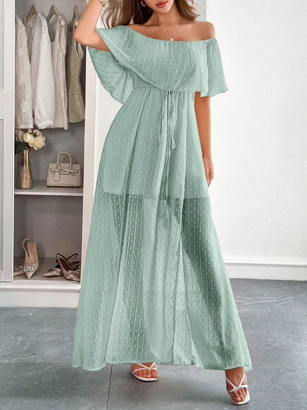 Elegant Strapless Waisted Short Sleeve Long Dress - Grey green / S