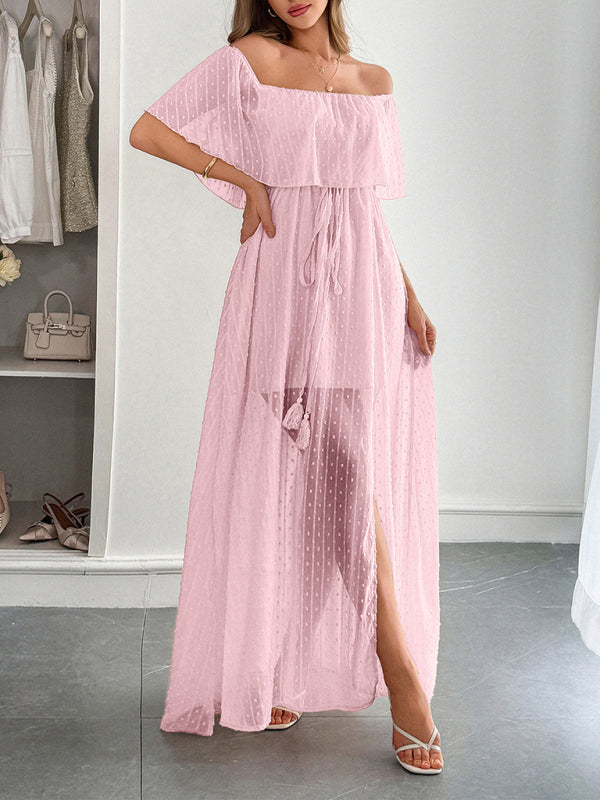 Elegant Strapless Waisted Short Sleeve Long Dress - Pink / S