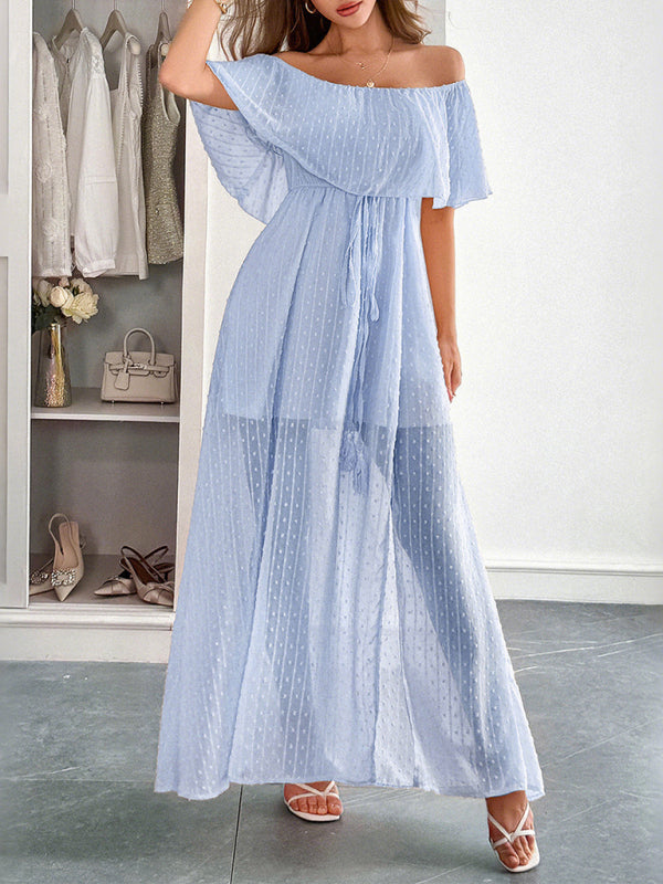 Elegant Strapless Waisted Short Sleeve Long Dress - Sky blue azure / S