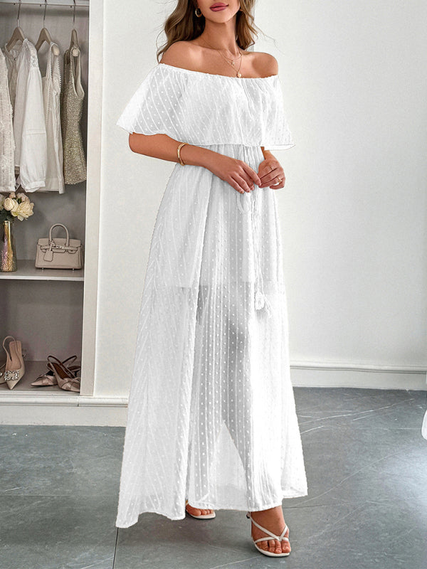 Elegant Strapless Waisted Short Sleeve Long Dress - White / S