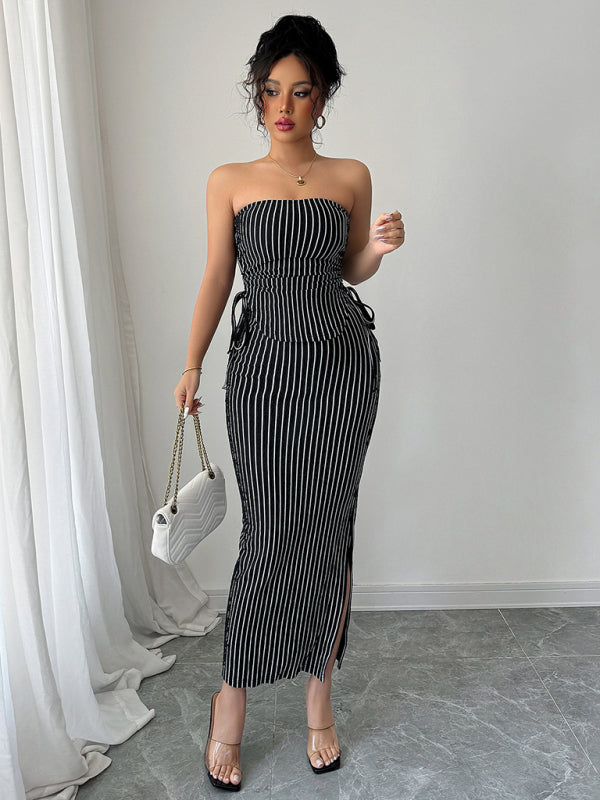Elegant striped strapless dress from the Elegant striped strappy tube top hip skirt suit collection