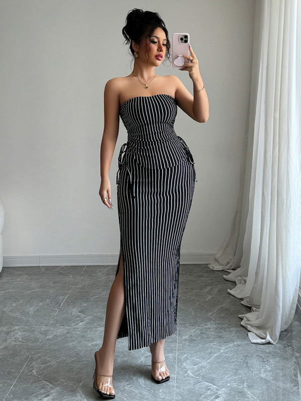 Elegant striped strapless midi dress from the Elegant Striped Strappy Tube Top Hip Skirt Suit collection