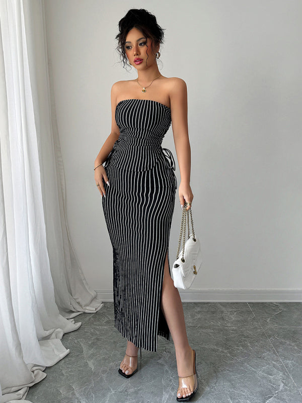Elegant striped strapless midi dress displayed in the Elegant Striped Strappy Tube Top Hip Skirt Suit