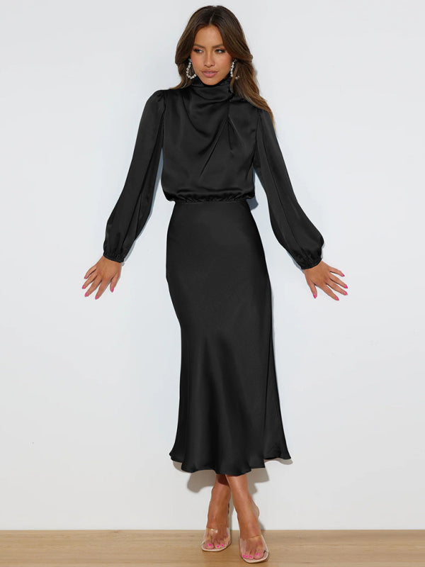 Elegant elegant women’s satin long sleeve loose dress - Black / S