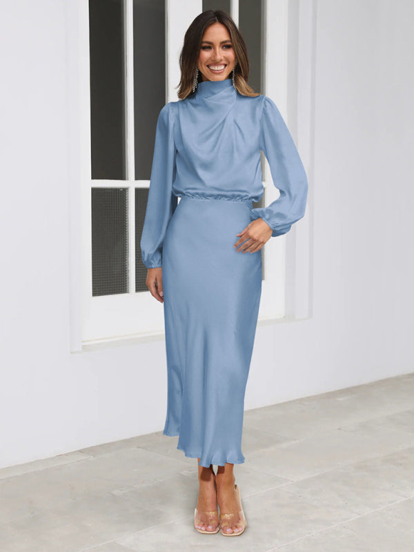 Elegant elegant women’s satin long sleeve loose dress - Blue / S