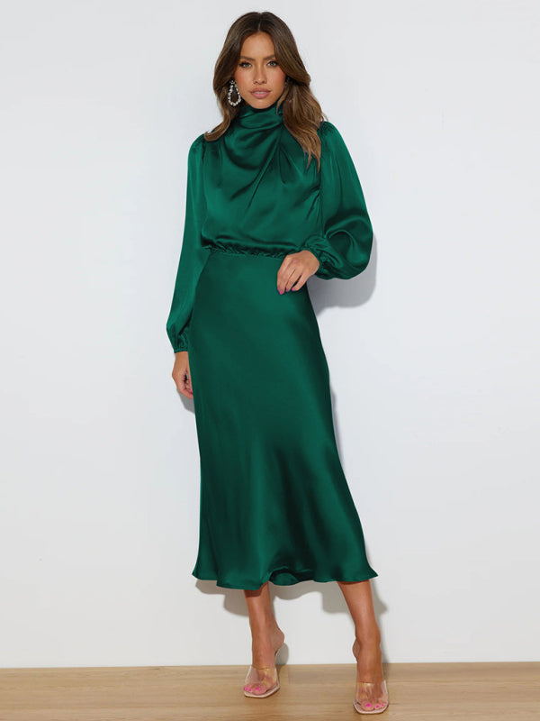 Elegant elegant women’s satin long sleeve loose dress - Green / S