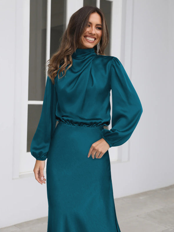 Elegant elegant women’s satin long sleeve loose dress - Purplish blue navy / S