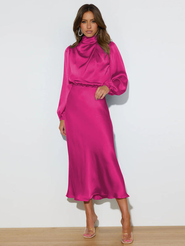 Elegant elegant women’s satin long sleeve loose dress - Rose / S