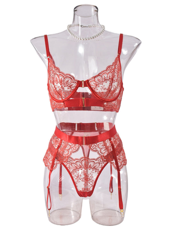 Embroidered bra sexy lingerie 3 piece setderwear four-piece set - Red / S