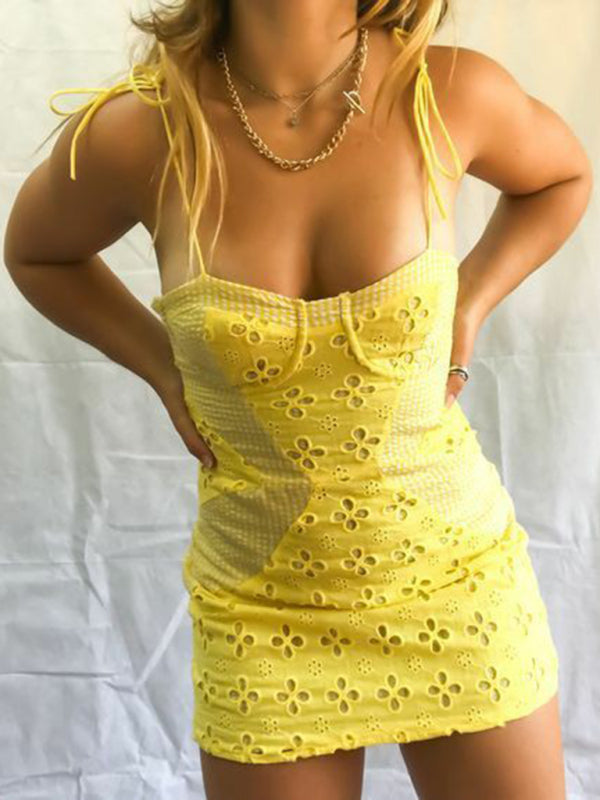 Yellow floral eyelet mini dress with embroidered flower details and plaid stitching zipper dress
