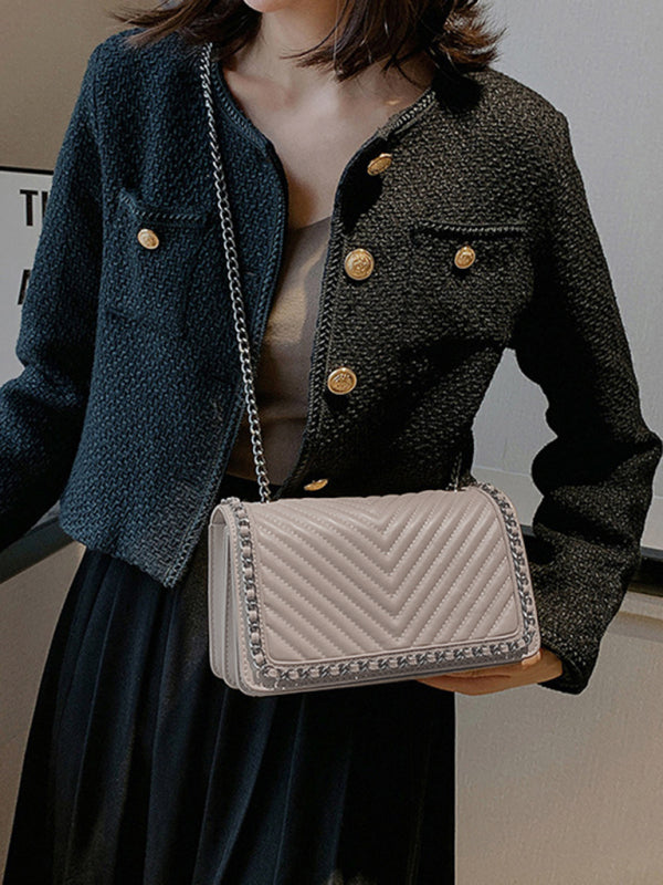 Embroidered thread chain portable small square bag shoulder bag - Khaki / F