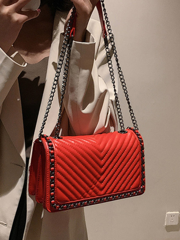 Embroidered thread chain portable small square bag shoulder bag - Red / F