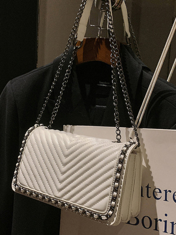 Embroidered thread chain portable small square bag shoulder bag - White / F