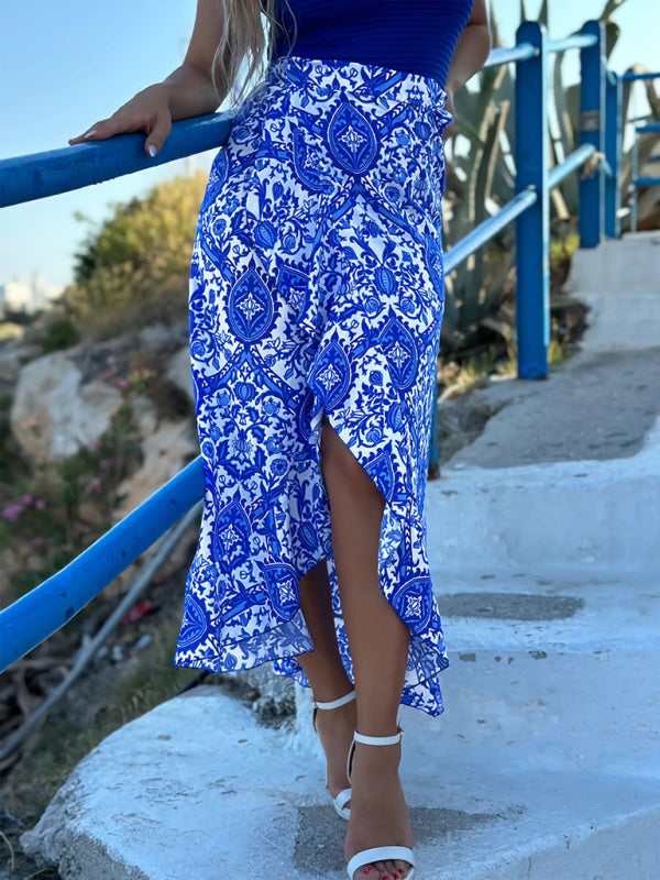 Ethnic paisley print irregular skirt - Blue / S