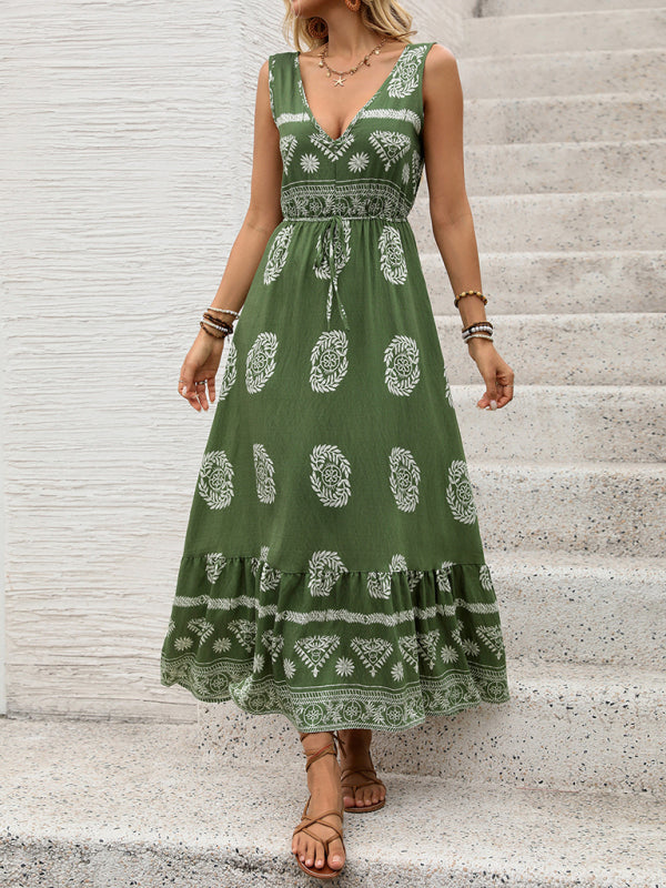 Ethnic style casual V-neck high waist holiday dress - Orange / S