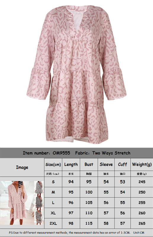 European and American print long-sleeved loose V-neck stitching dress