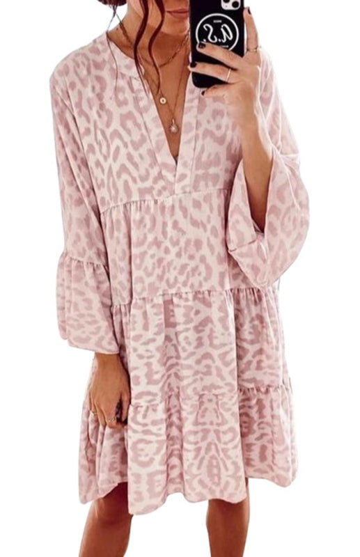 European and American print long-sleeved loose V-neck stitching dress - Pink / S