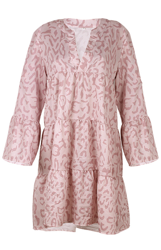 European and American print long-sleeved loose V-neck stitching dress