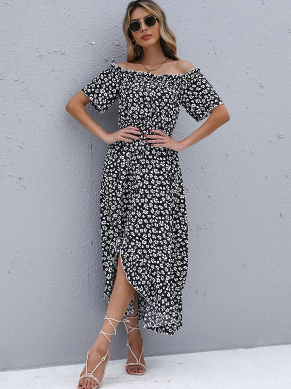 European and American short-sleeved floral skirt irregular one-shoulder dress - Black / S