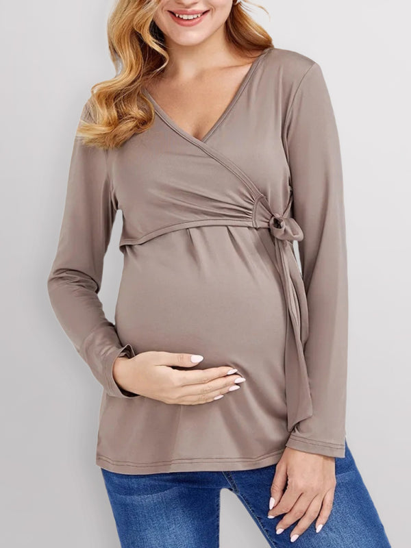 European and American solid color nursing V-neck long-sleeved maternity dress - Khaki / XS