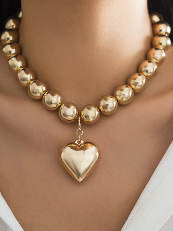 Exaggerated round punk collarbone chain Geometric beads Beaded necklace - Golden / FREESIZE