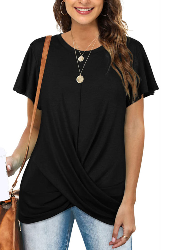 Explosive round neck solid color hem kink short-sleeved T-shirt - Black / S