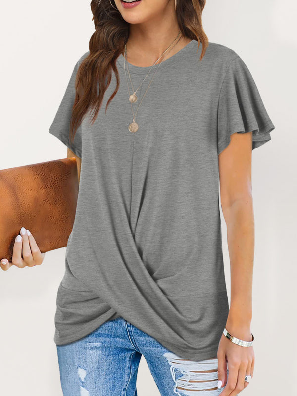Explosive round neck solid color hem kink short-sleeved T-shirt - Grey / S