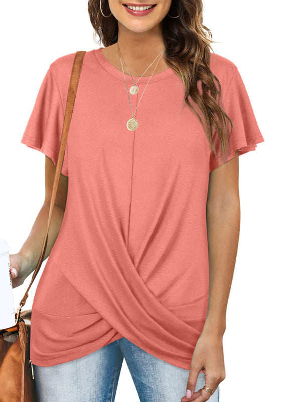 Explosive round neck solid color hem kink short-sleeved T-shirt - Pink / S