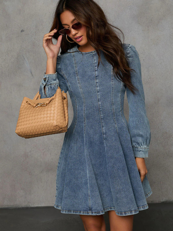 Fashion casual patchwork waist women’s denim long sleeve dress