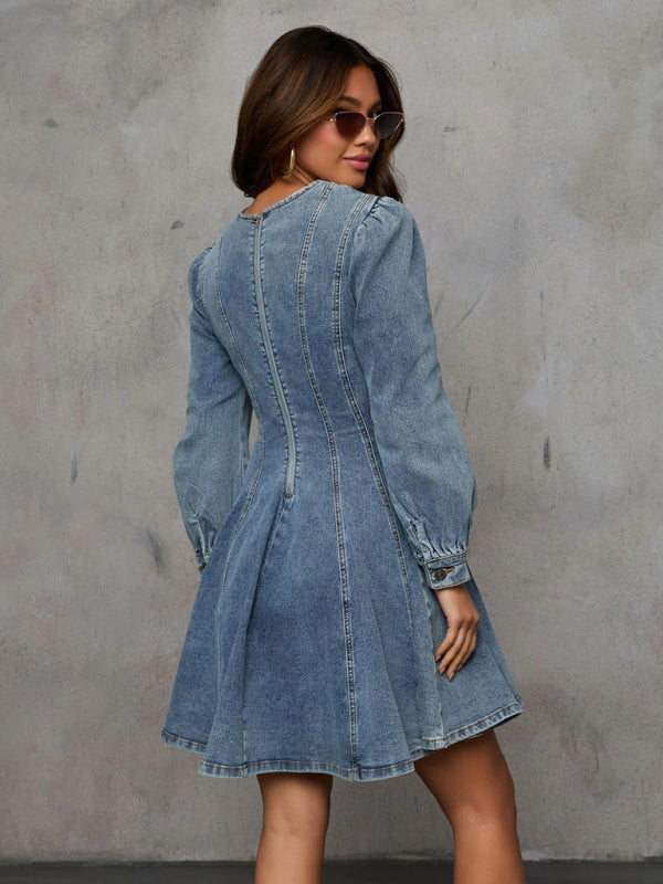 Fashion casual patchwork waist women’s denim long sleeve dress