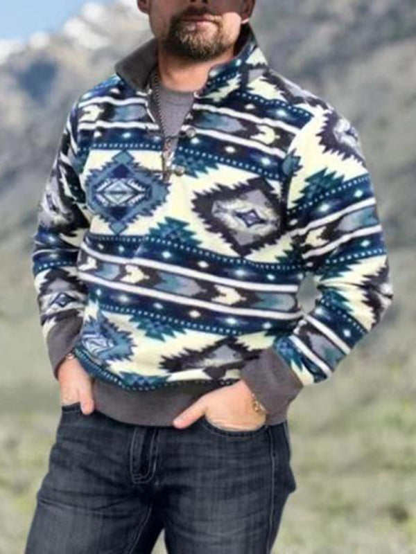 Fashion casual pullover long-sleeved sweater print top - Blue / S