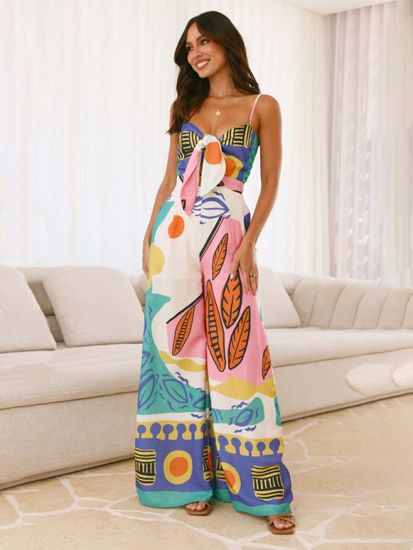 Fashion digital printed chest strap jumpsuit - Blue / S