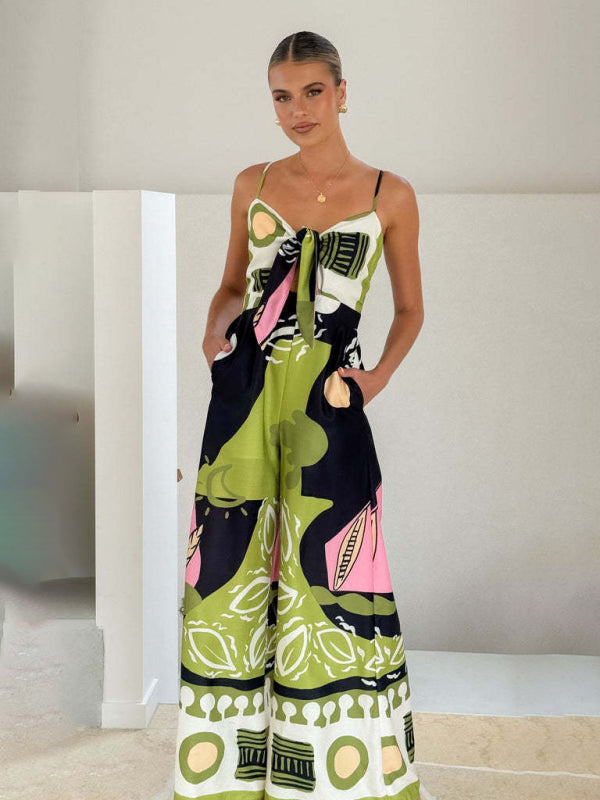 Fashion digital printed chest strap jumpsuit - Green / S