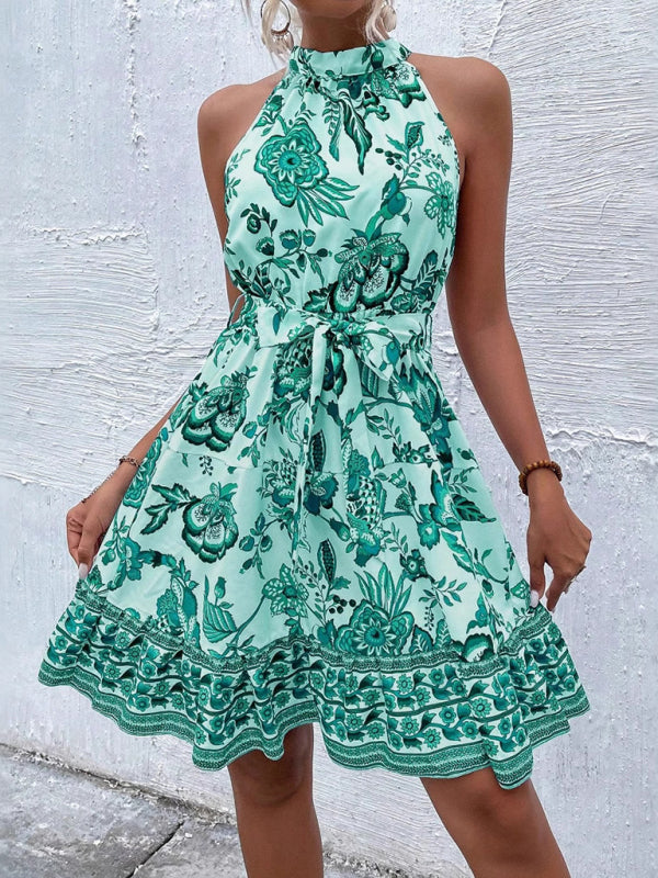 Fashion floral waist halter neck dress - Green / S