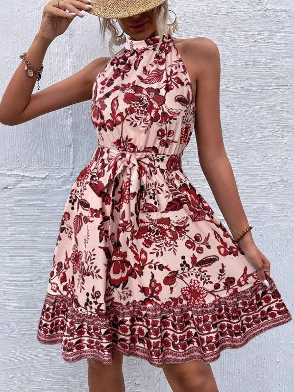 Fashion floral waist halter neck dress - Red / S