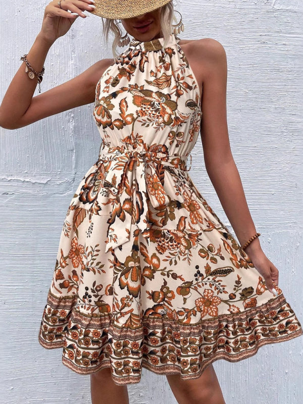 Fashion floral waist halter neck dress - Yellow / S