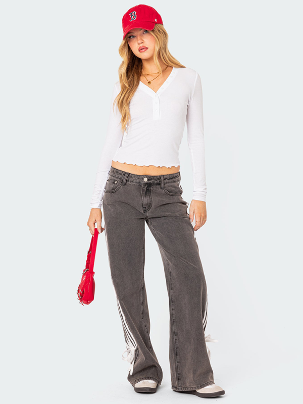 Fashion loose side drawstring wide-leg women’s jeans