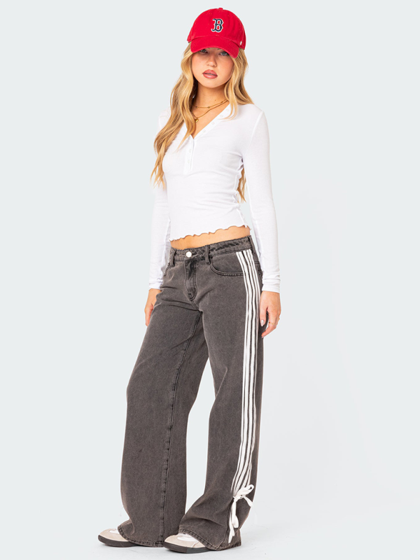 Fashion loose side drawstring wide-leg women’s jeans